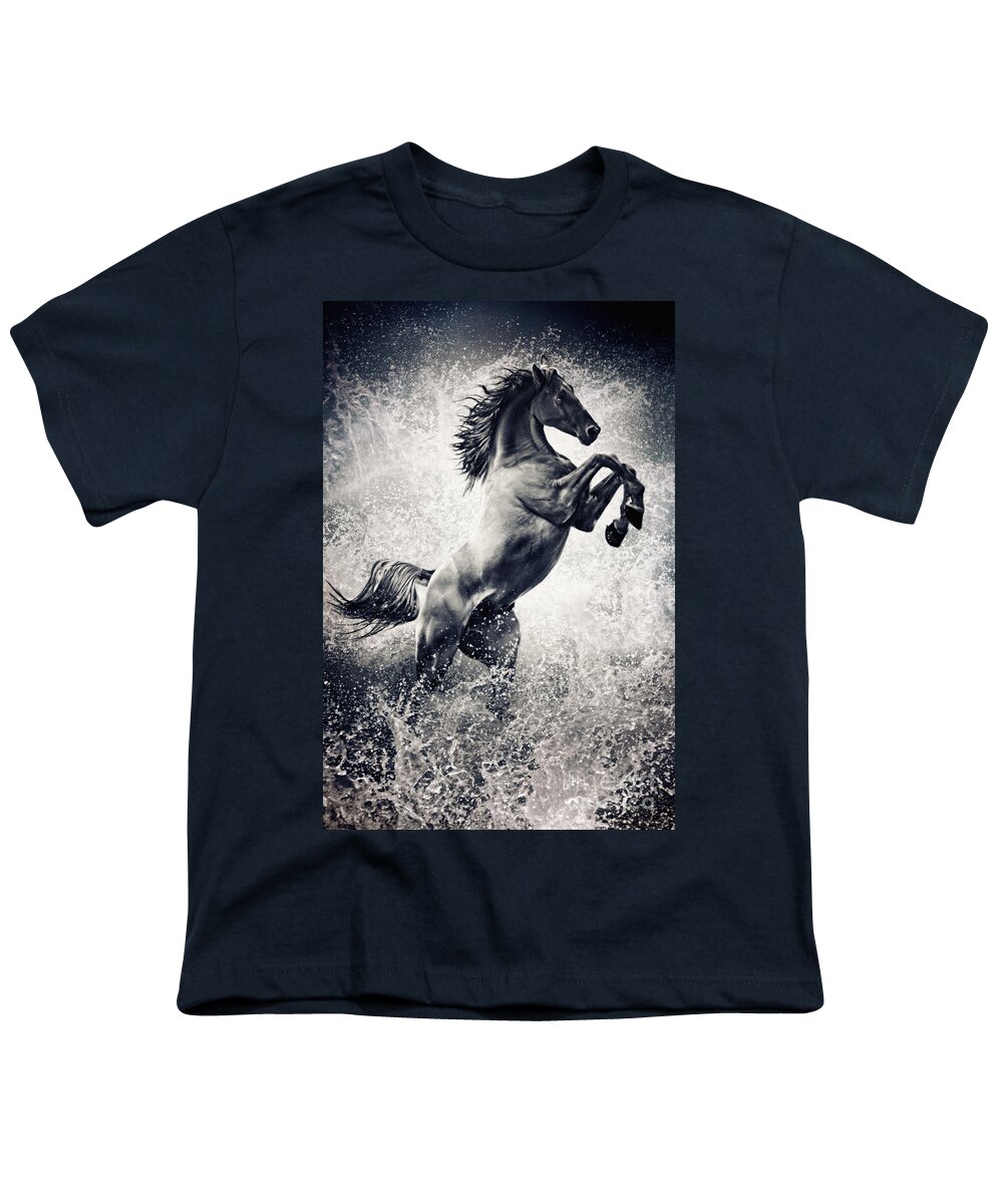 Horse Youth T-Shirt featuring the photograph The Black Stallion Arabian Horse Reared Up by Dimitar Hristov
