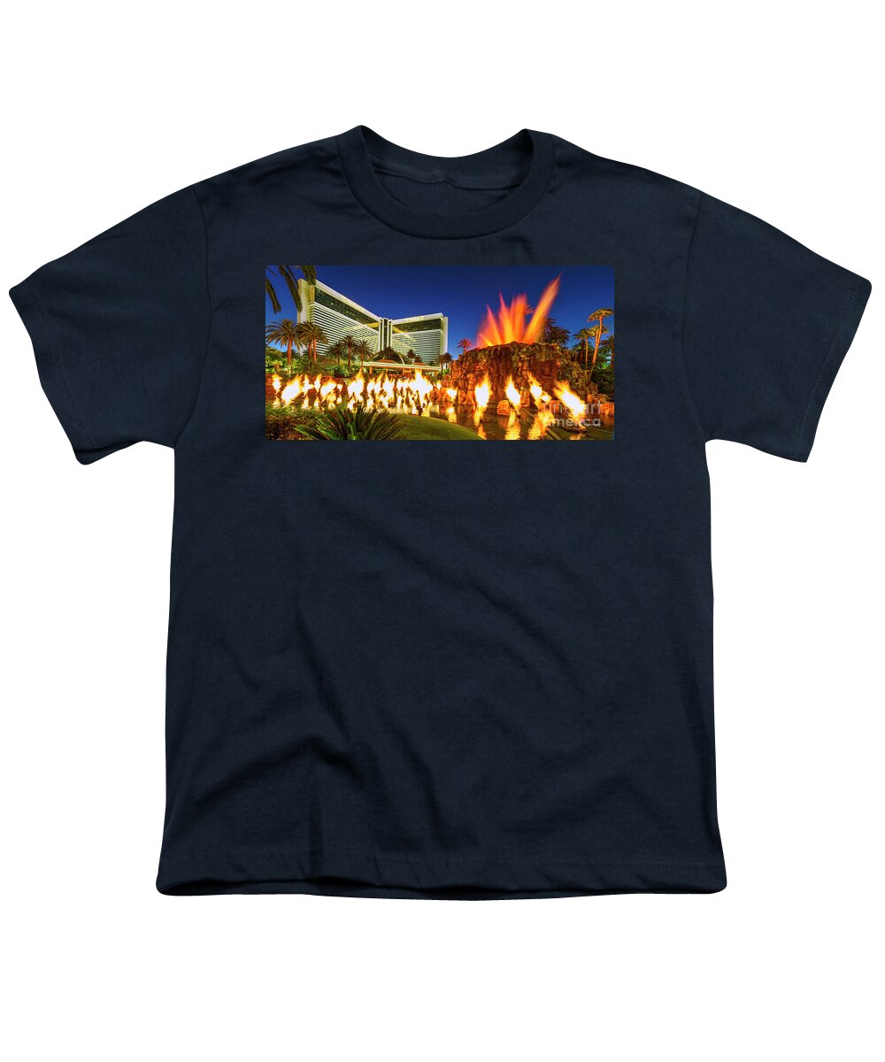 The Mirage Youth T-Shirt featuring the photograph The Mirage Casino and Volcano Eruption at Dusk by Aloha Art
