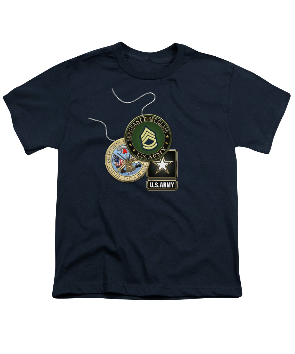 Military Insignia 3d By Serge Averbukh Youth T-Shirt featuring the digital art U. S. Army Sergeant First Class  - S F C Rank Insignia with Army Seal and Logo over Blue Velvet by Serge Averbukh