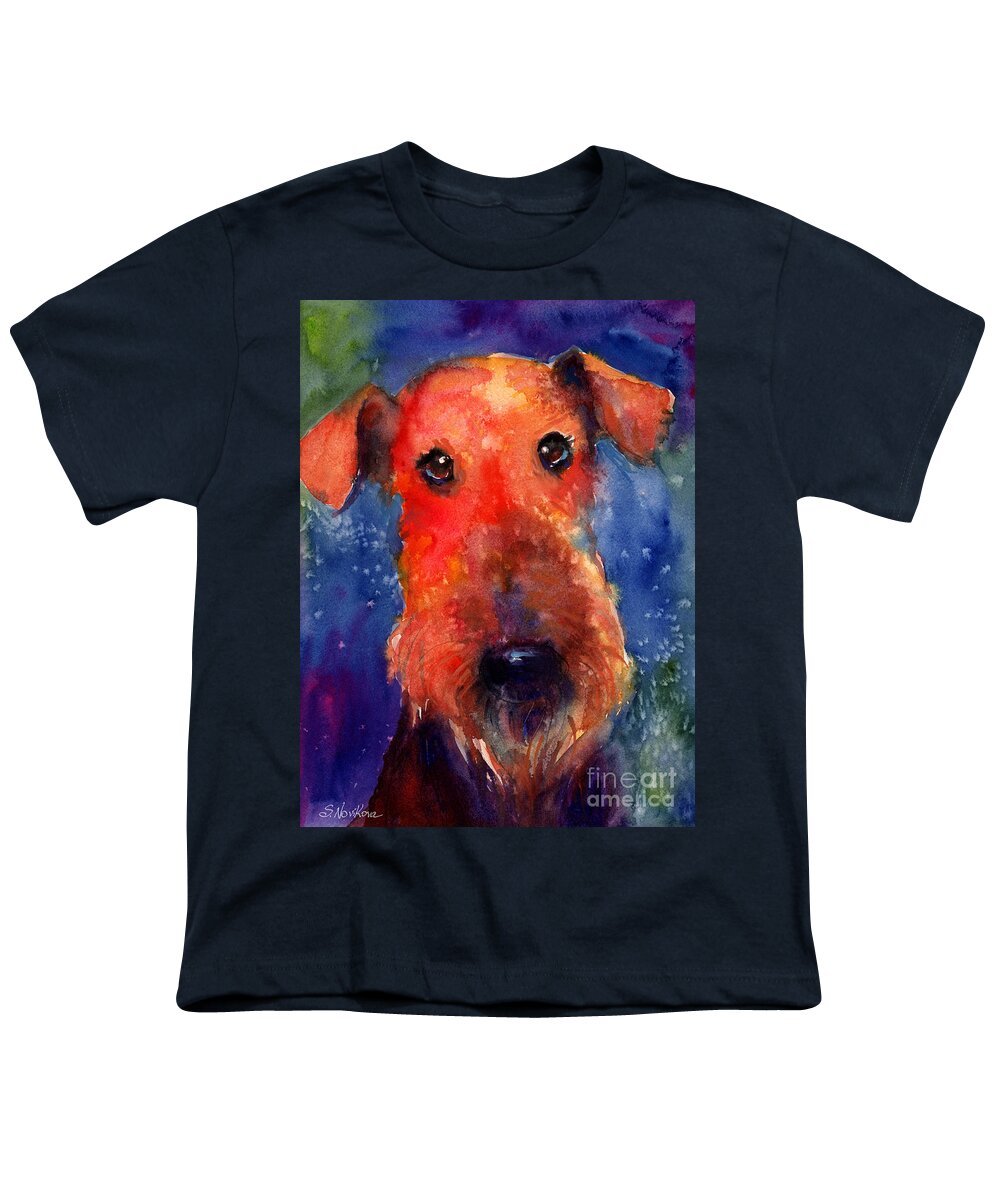 Airedale Dog Painting Youth T-Shirt featuring the painting Whimsical Airedale Dog painting by Svetlana Novikova