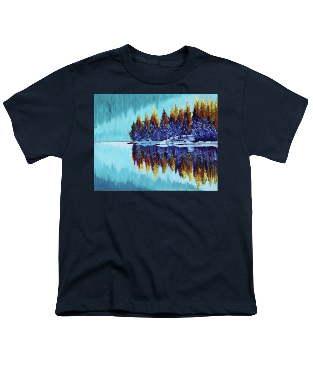 Winter Youth T-Shirt featuring the painting Winter - Mountain Lake by Kevin Hughes