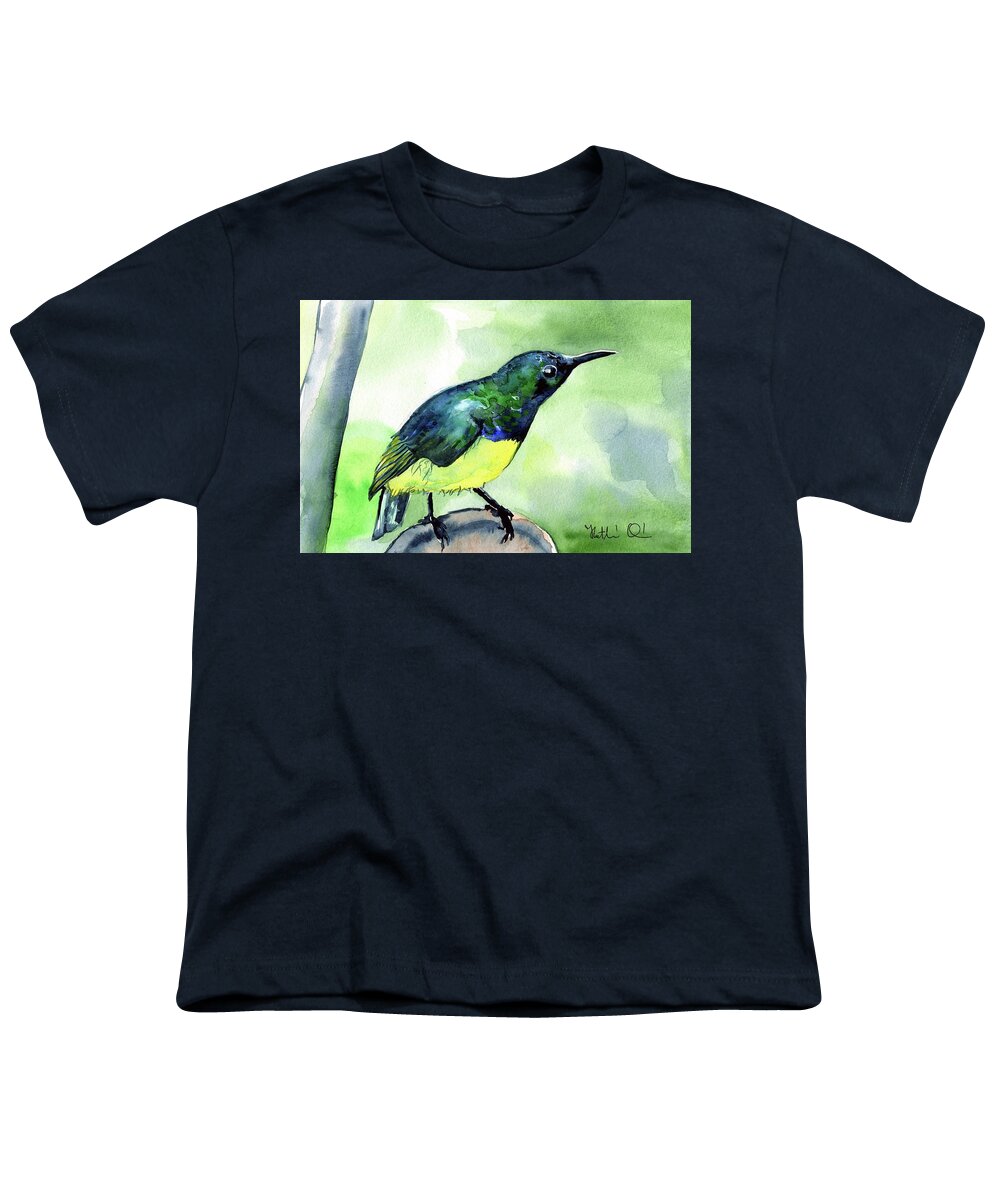 Yellow Bellied Sunbird Youth T-Shirt featuring the painting Yellow Bellied Sunbird by Dora Hathazi Mendes