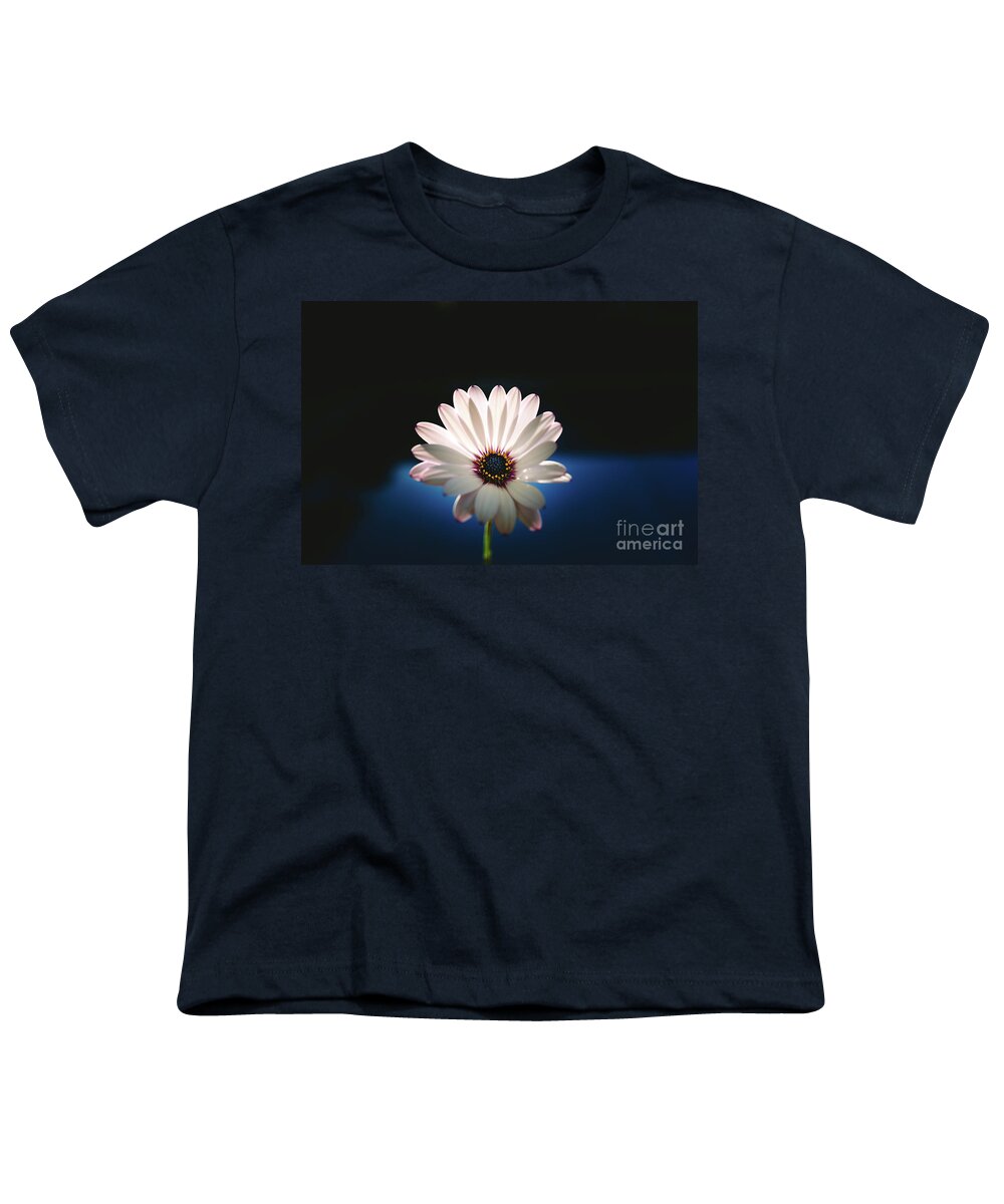 Background Youth T-Shirt featuring the photograph Beautiful and delicate white female flower dark background illum by Joaquin Corbalan