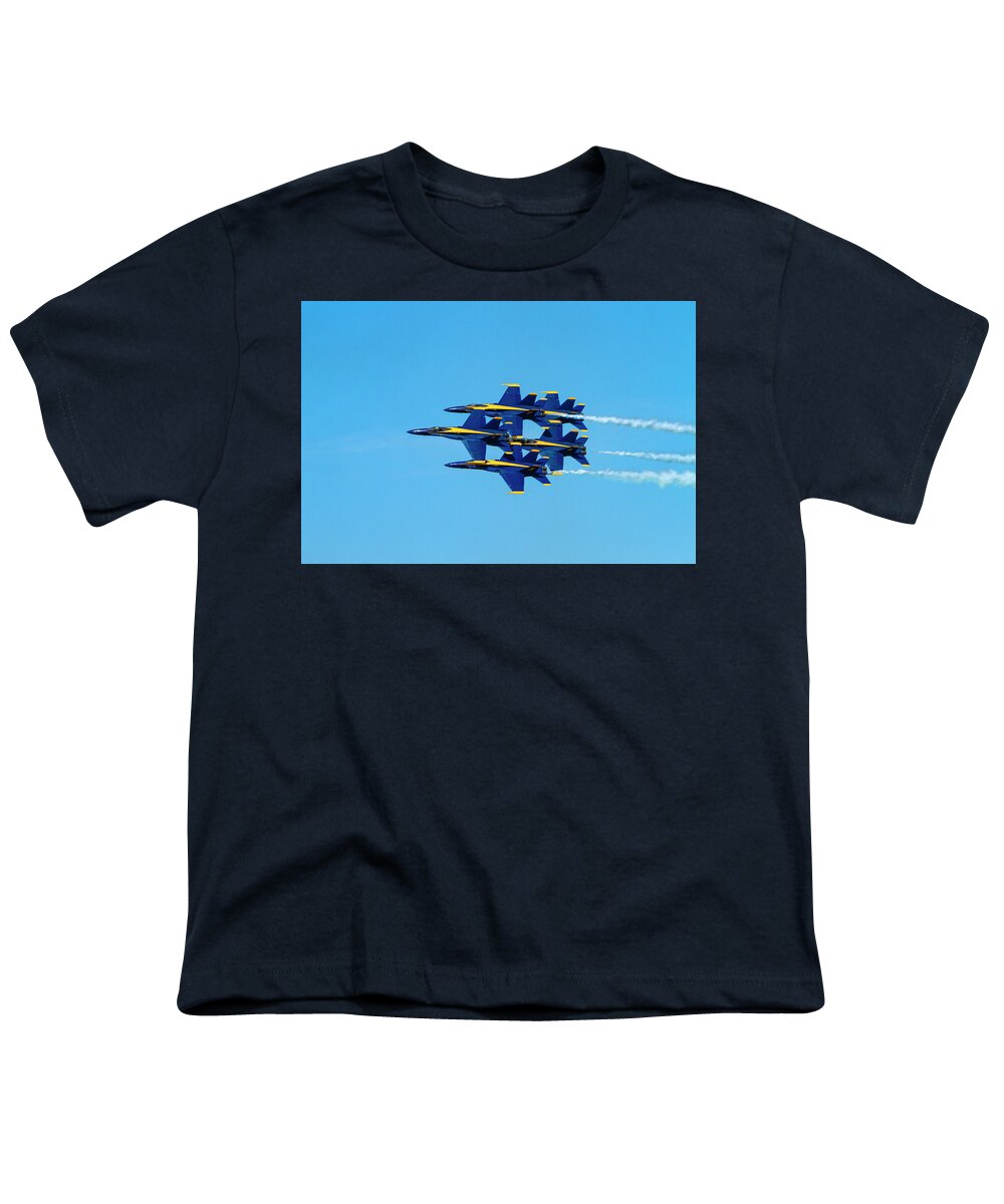 Blue Angels Youth T-Shirt featuring the photograph Blue Angels Fly By by Bonnie Follett