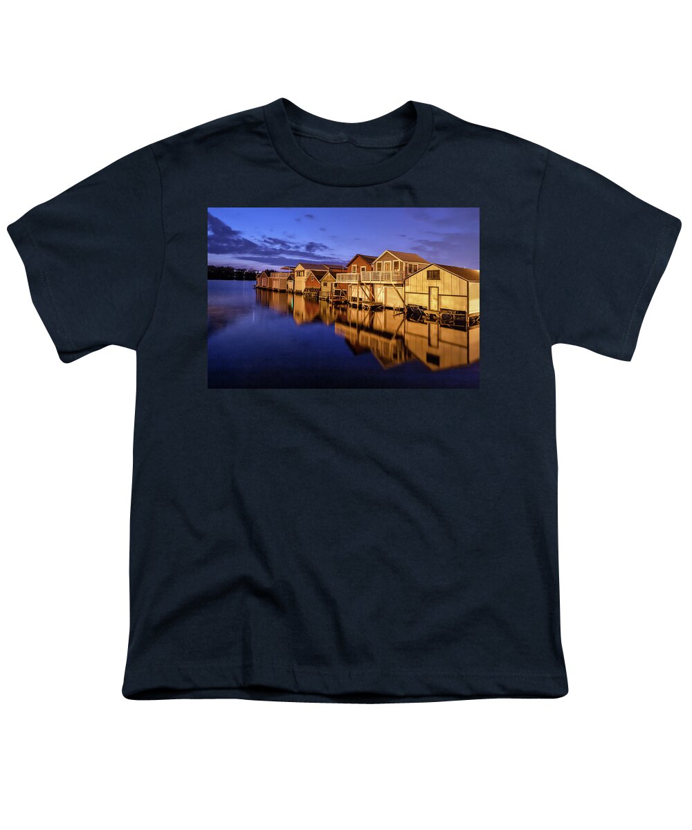 Canandaigua Youth T-Shirt featuring the photograph Boathouse Reflections at Night by Rod Best