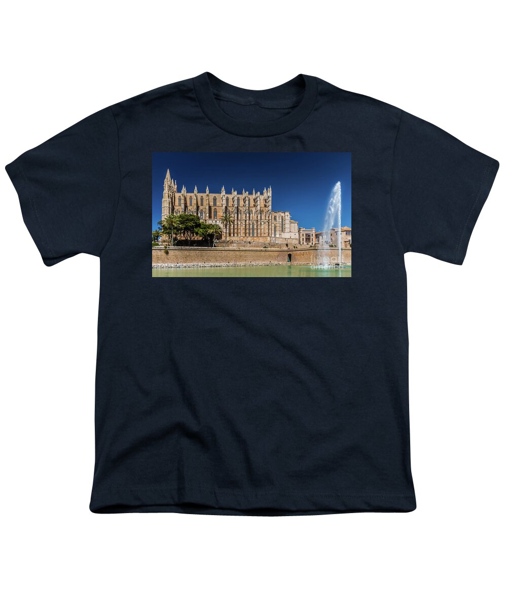 Cathedral Youth T-Shirt featuring the photograph Catedral Basilica de Santa Maria de Mallorca, Spain by Lyl Dil Creations