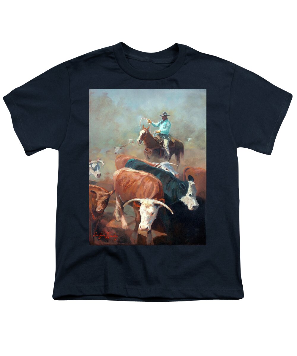Cattle Ranching Youth T-Shirt featuring the painting Fall Roundup by Carolyne Hawley