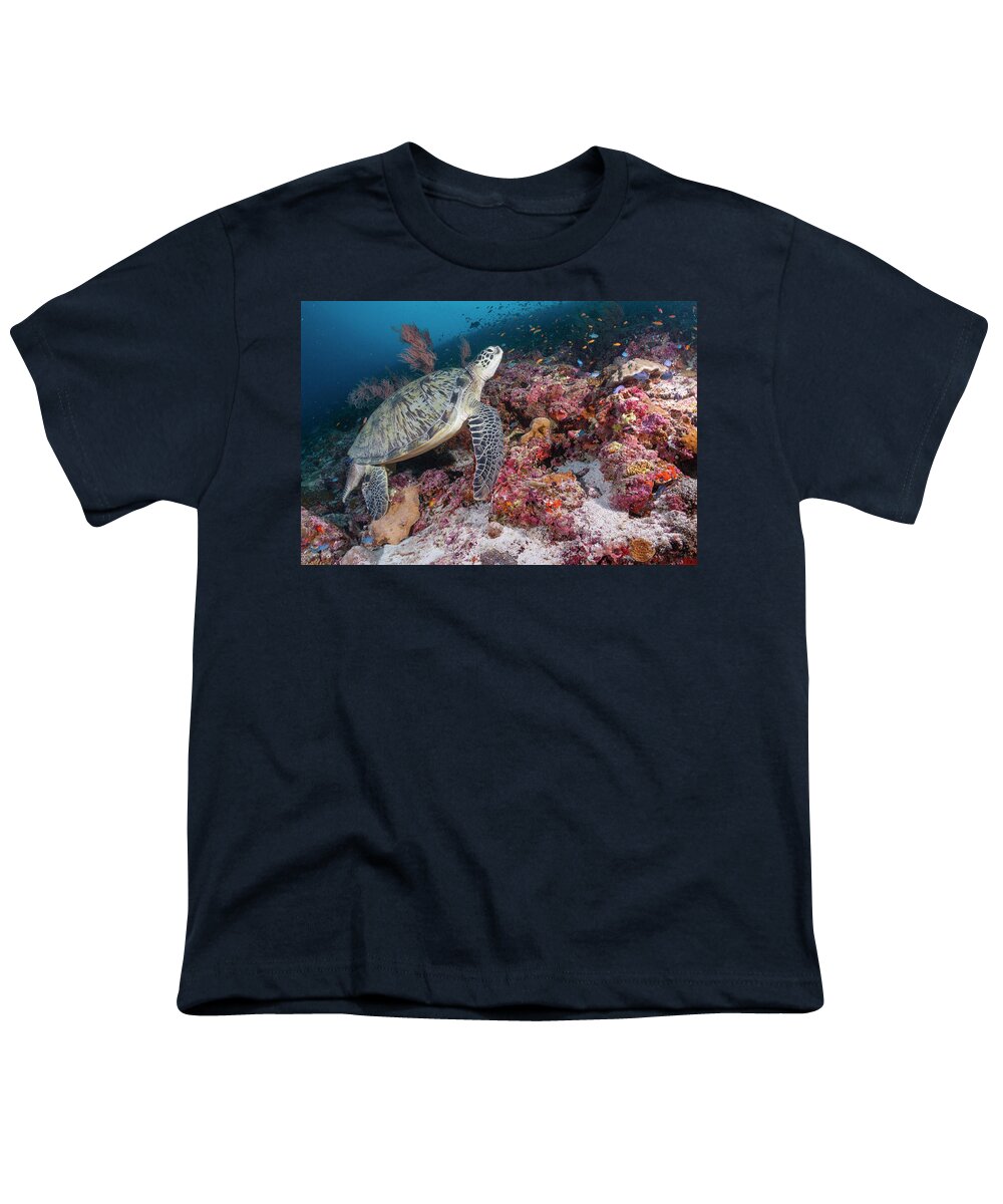 Animals Youth T-Shirt featuring the photograph Green Sea Turtle In Maldives by Tui De Roy