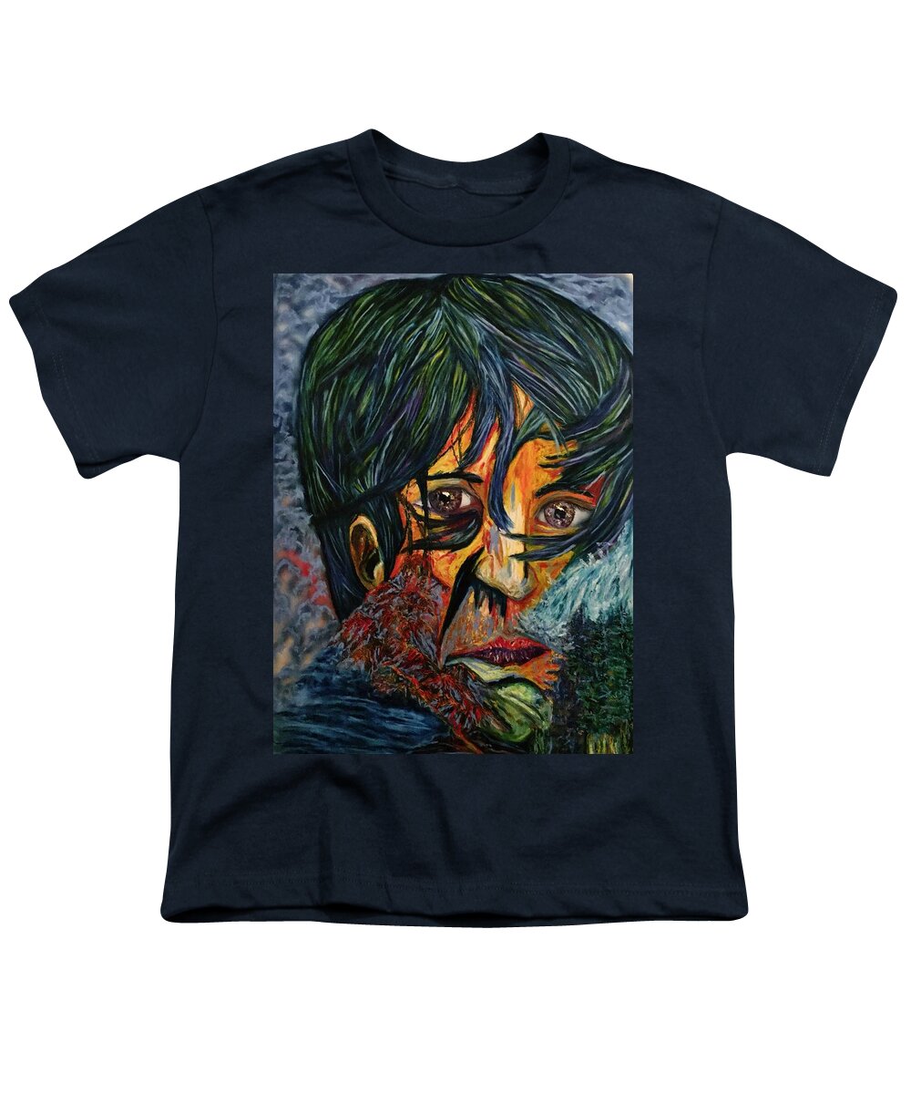 Oil Pastel Youth T-Shirt featuring the pastel In the Hall of the Mountain King-Portrait of Victor Guerrero by Angela Weddle