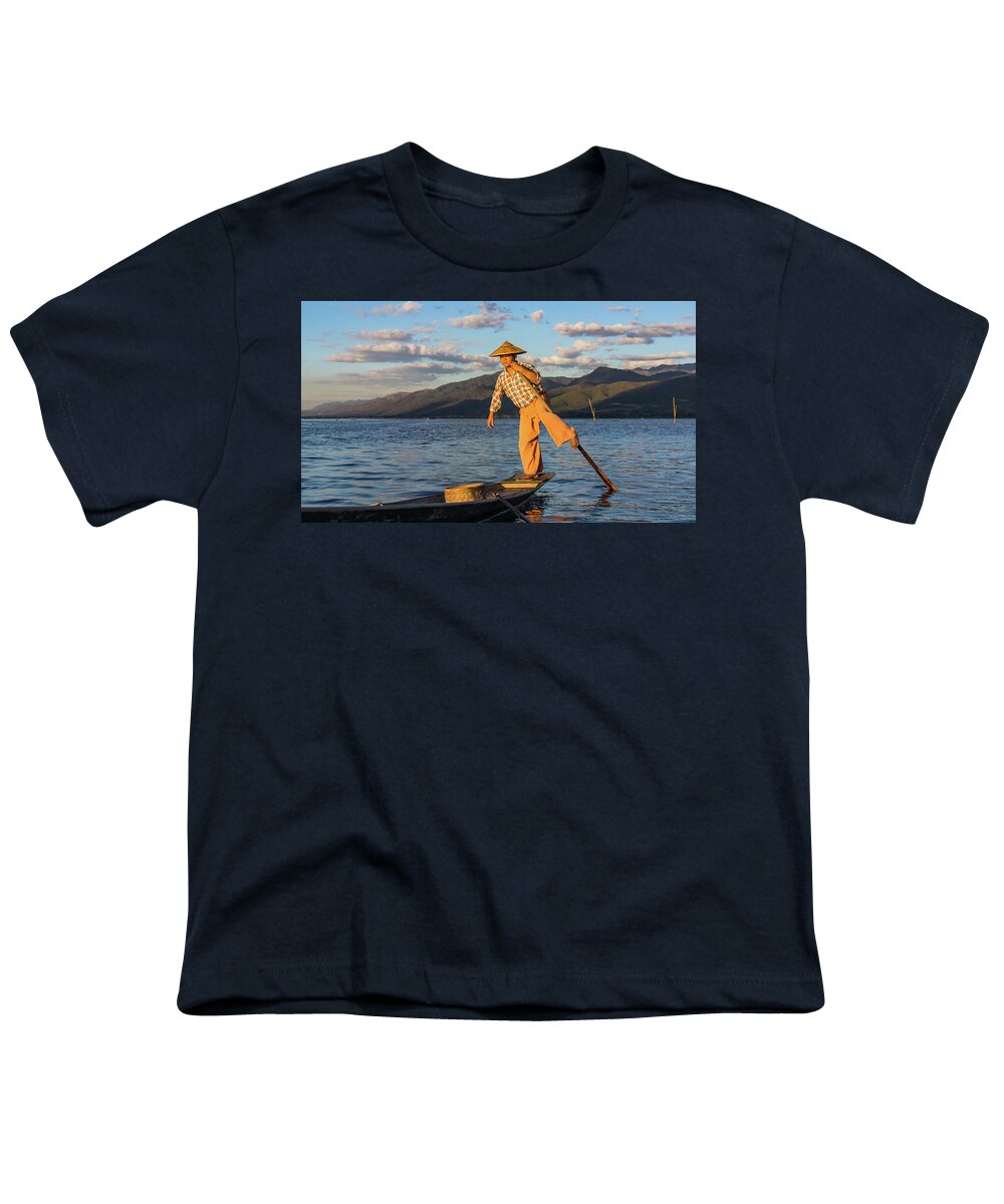 Fisherman Youth T-Shirt featuring the photograph Intha fisherman on Lake Inle in Myanmar by Ann Moore