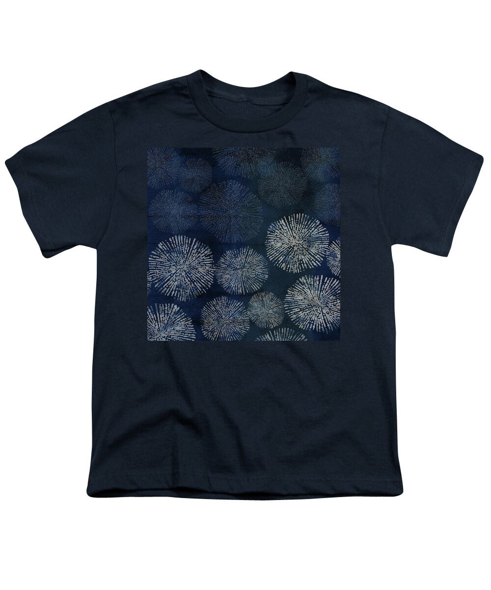 Japan Youth T-Shirt featuring the digital art Shibori Sea Urchin Burst Pattern Dark Denim by Sand And Chi