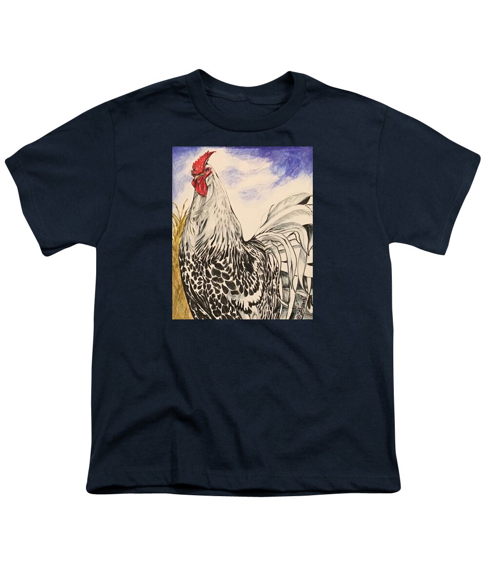 Rooster Youth T-Shirt featuring the drawing Silver Spangled Hamburg Rooster, Coloured by Laurel Adams