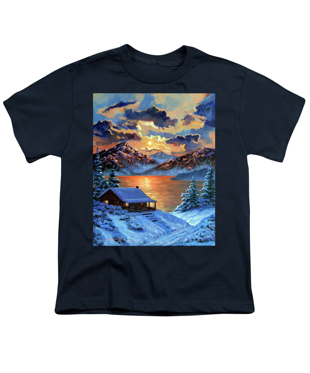 Landscape Youth T-Shirt featuring the painting The Christmas Morning Cabin by David Lloyd Glover