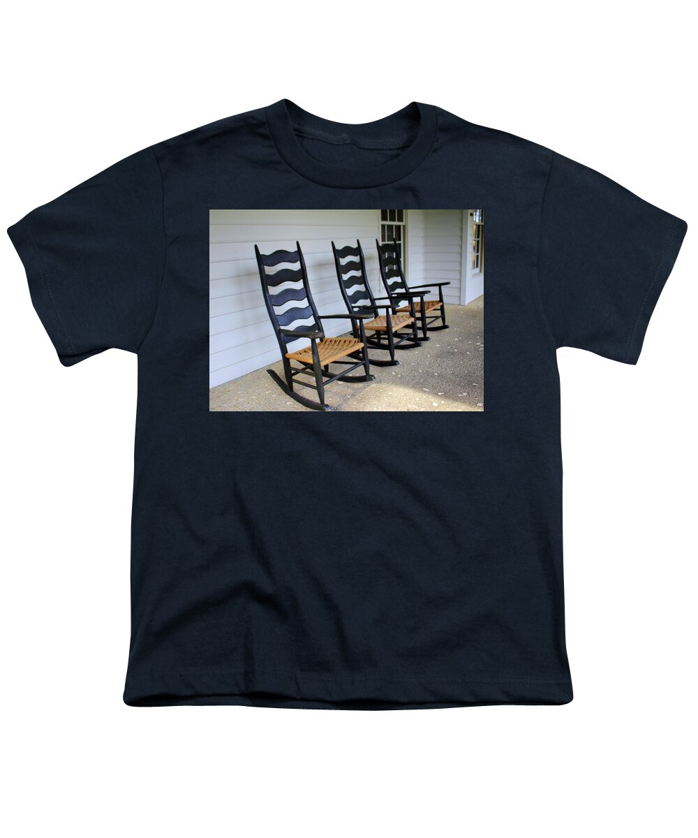 Rocking Chair Youth T-Shirt featuring the photograph Three Black Rockers by Cynthia Guinn
