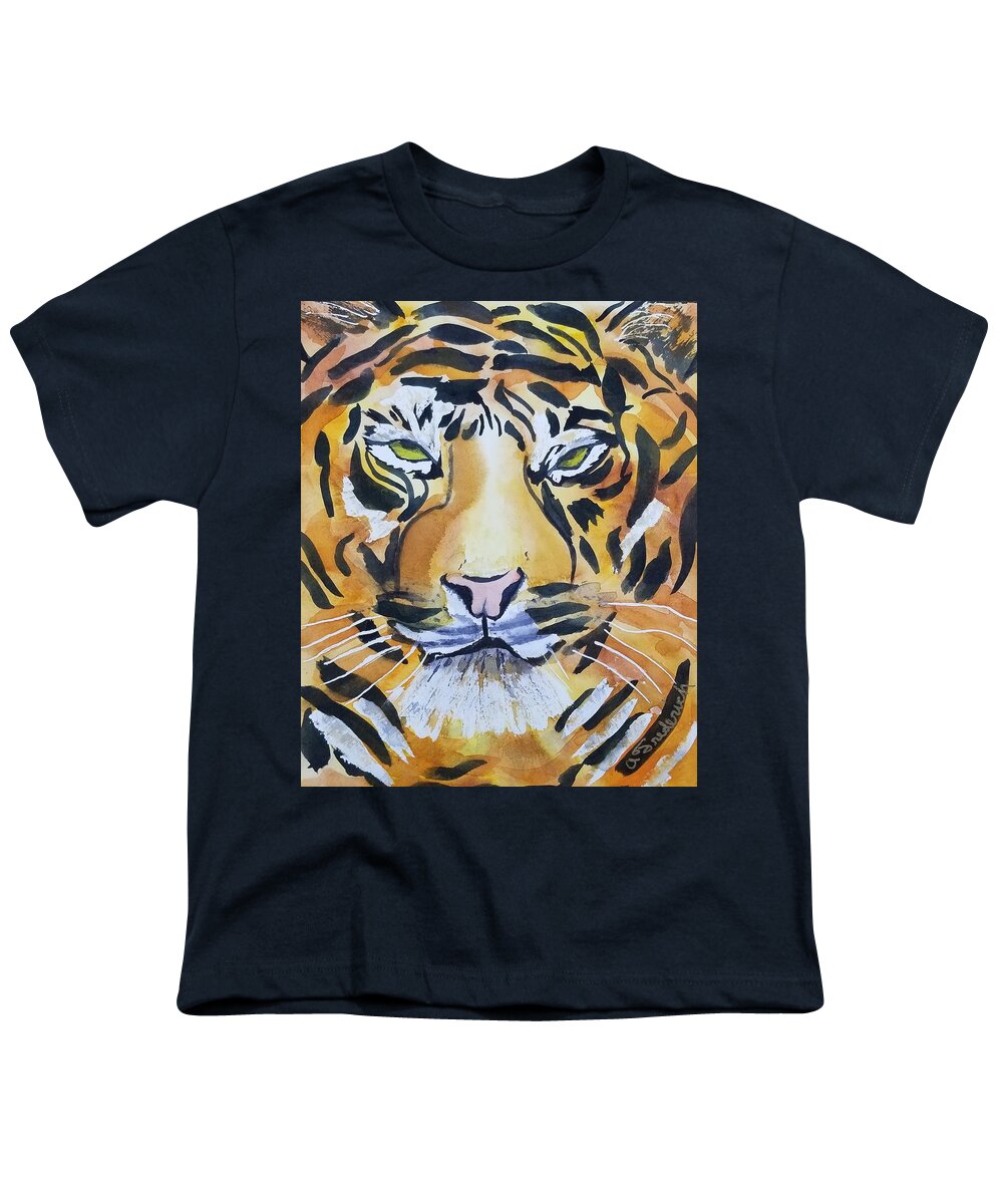 Tiger Youth T-Shirt featuring the painting Tiger Eyes by Ann Frederick