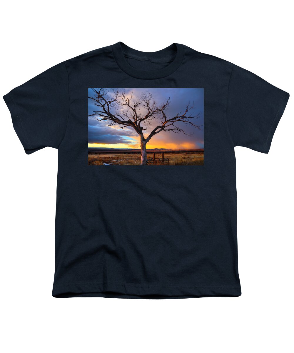 Taos Youth T-Shirt featuring the photograph Taos Welcome Tree #1 by Elijah Rael