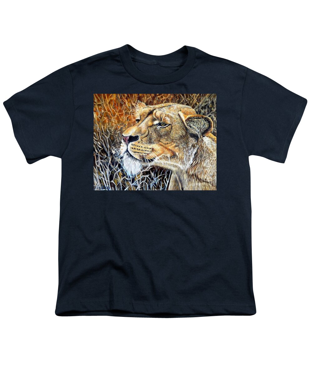 Lioness Youth T-Shirt featuring the painting A Curious Lioness by Caroline Street