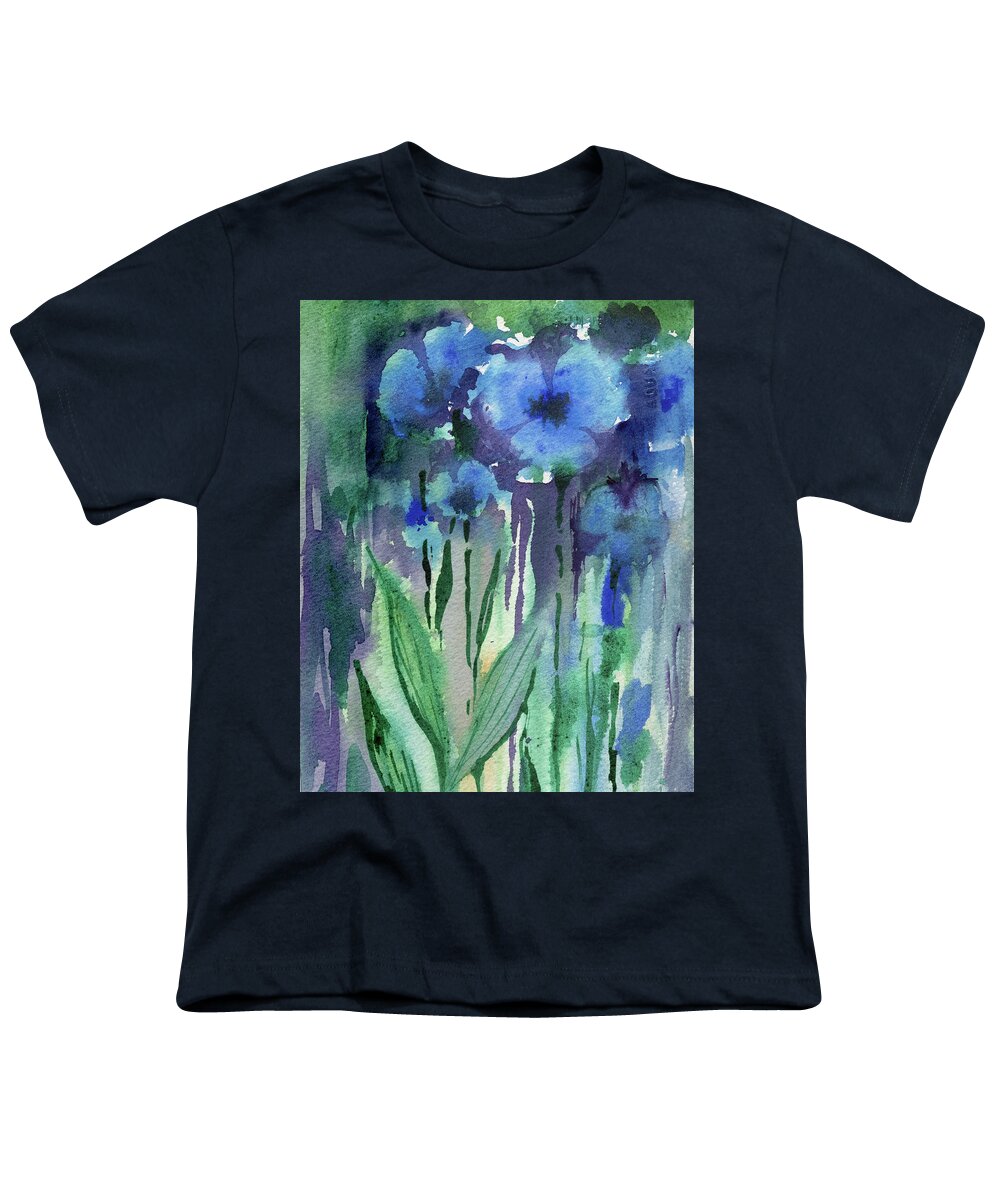 Abstract Floral Watercolor Fluid Flower Painting Abstraction Youth T-Shirt featuring the painting Abstract Floral Watercolor Painting Ultramarine Blue Flowers by Irina Sztukowski