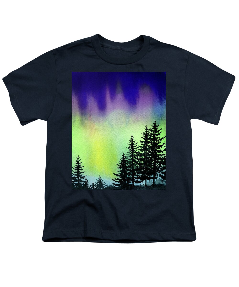 Aurora Borealis With Landscape Trees Watercolor Youth T-Shirt featuring the painting Beautiful Northern Aurora Borealis Lights With Forest Silhouette Watercolor Painting I by Irina Sztukowski