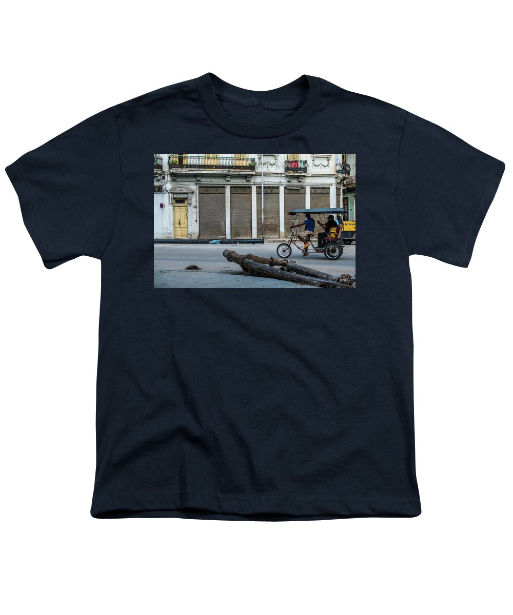 Cuba Youth T-Shirt featuring the photograph Bici-taxi on Centro Havana. Cuba by Lie Yim