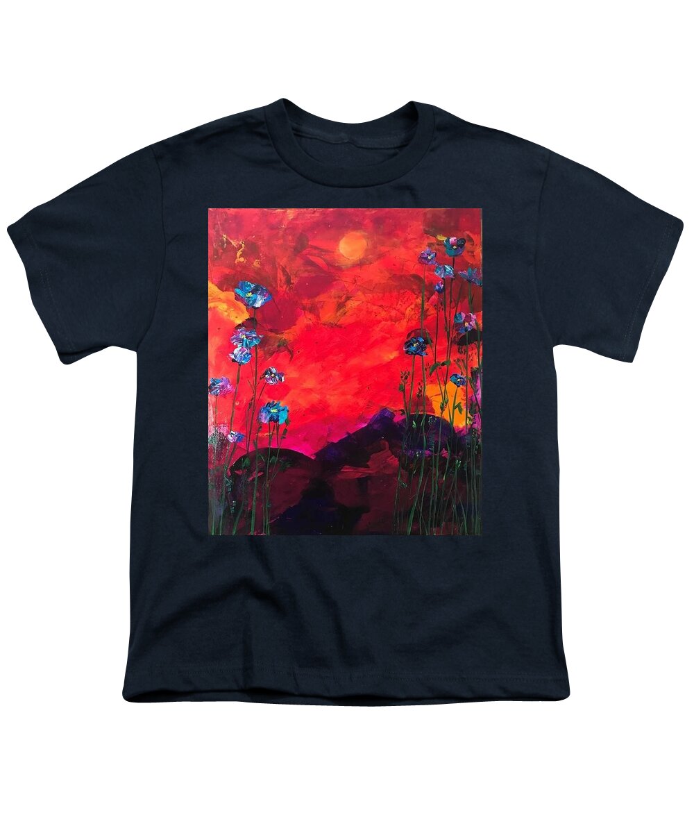 Abstract Youth T-Shirt featuring the painting Blooms Against Blazing Sky by Deborah Naves
