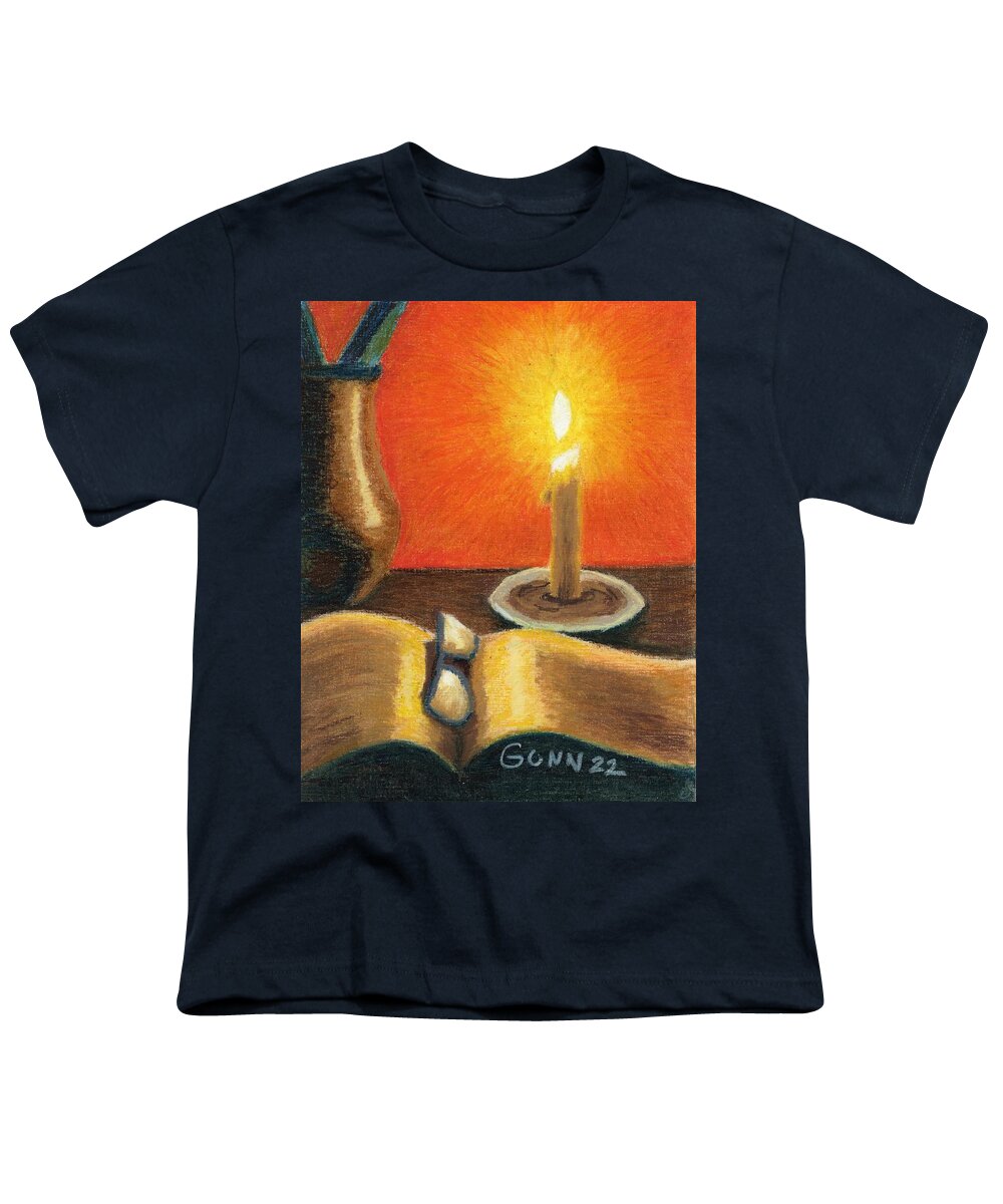 Still Life Youth T-Shirt featuring the pastel Book Reading by Candle Light by Katrina Gunn