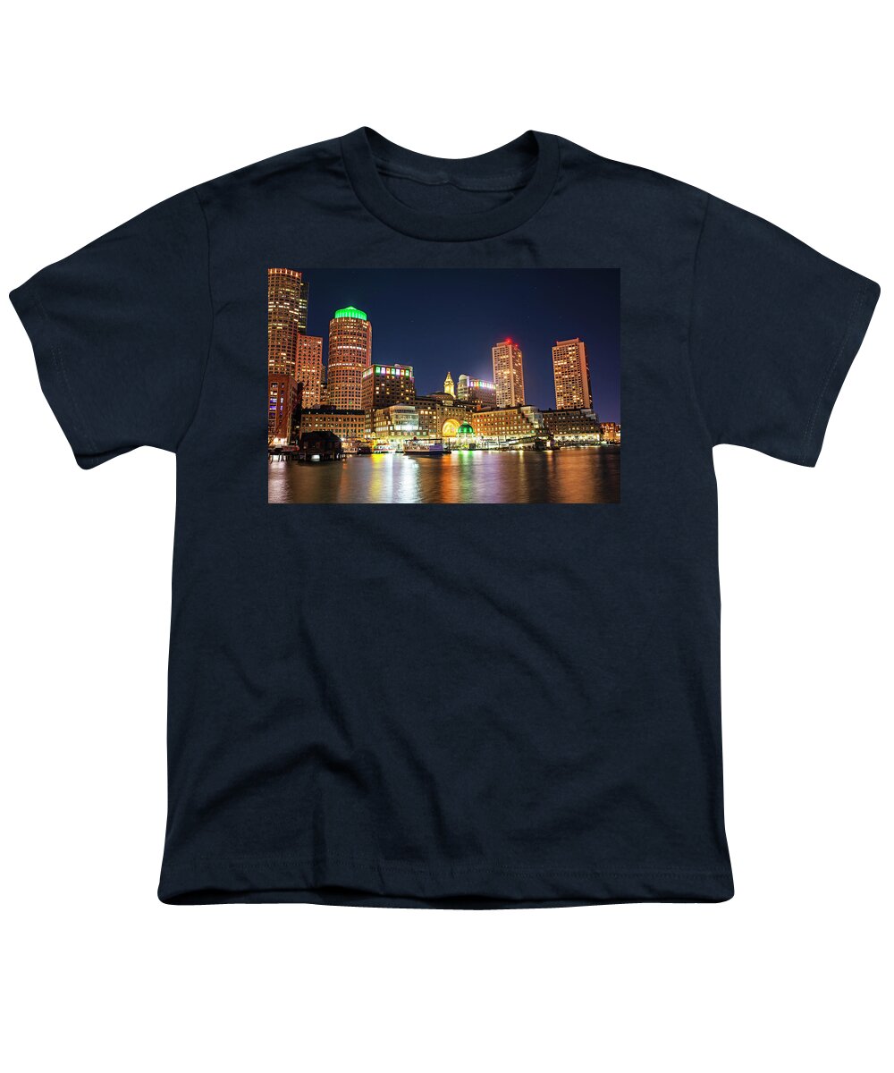 Boston Youth T-Shirt featuring the photograph Boston Lit Up for Saint Patricks Day on The Boston MA Waterfront by Toby McGuire