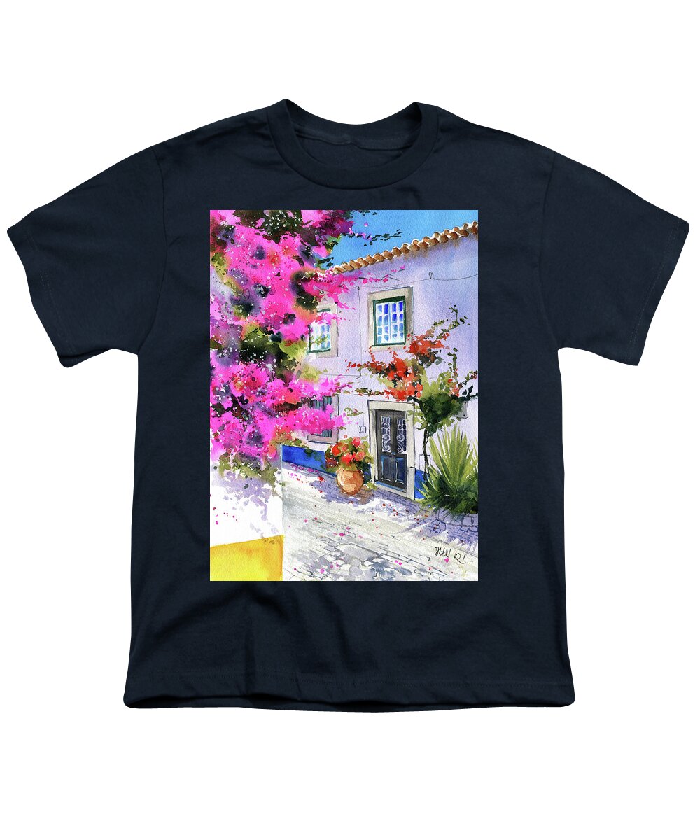 Portugal Youth T-Shirt featuring the painting Bougainvilleas of Obidos Portugal Painting by Dora Hathazi Mendes