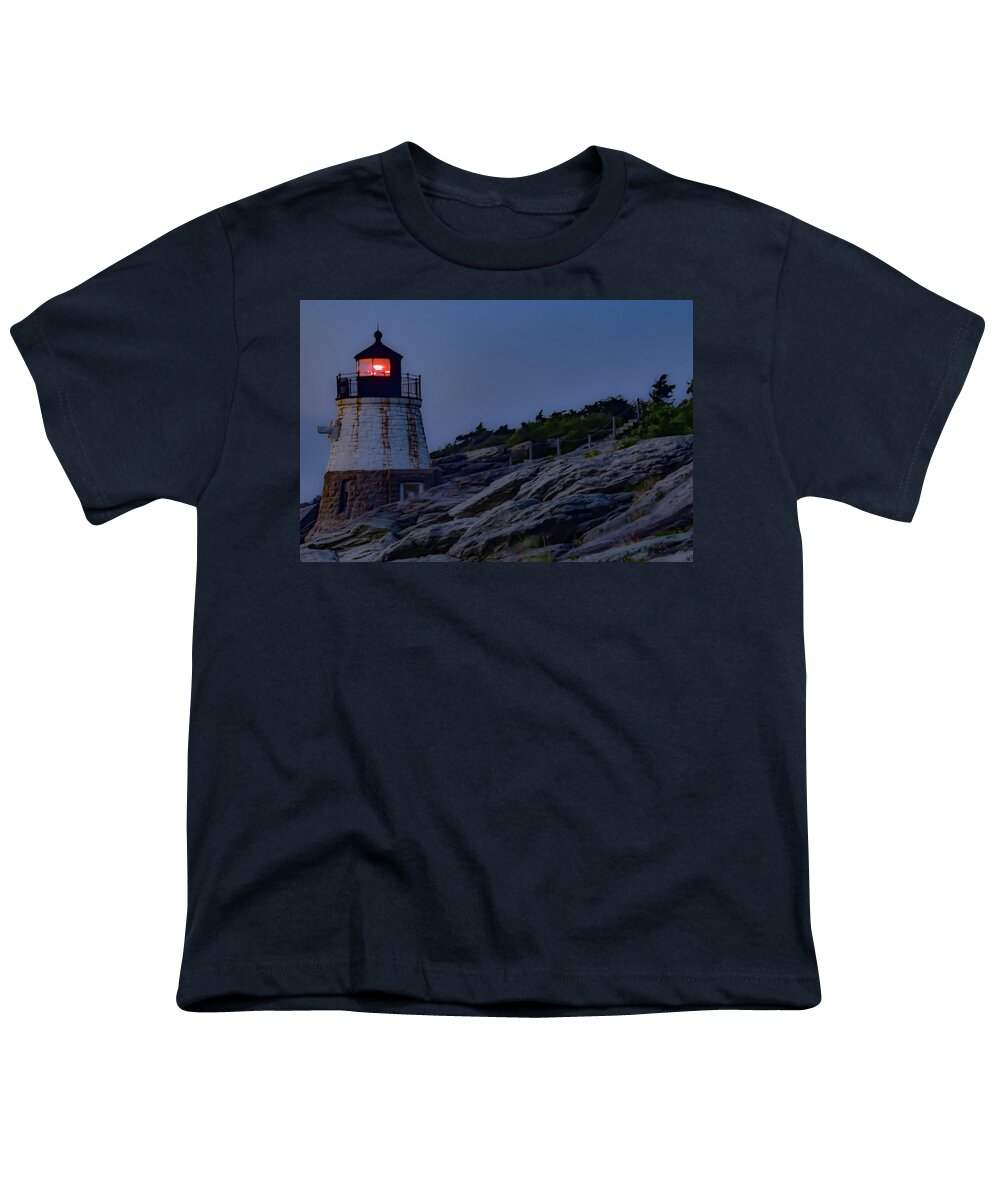 Castle Hill Lighthouse Youth T-Shirt featuring the photograph Castle Hill Lighthouse on the rocks by Christina McGoran