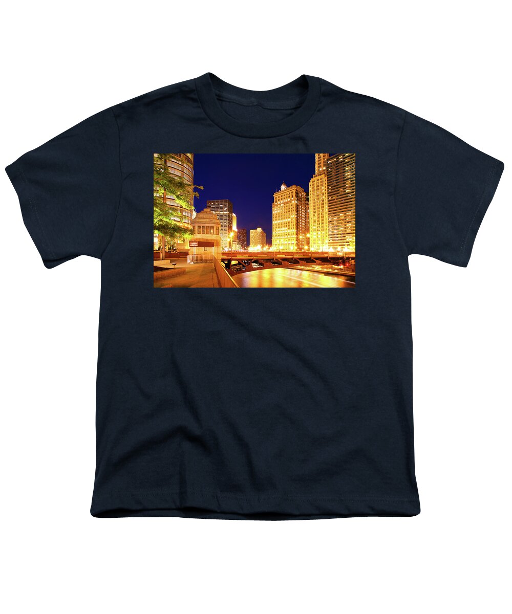 Chicago Skyline Youth T-Shirt featuring the photograph Chicago Skyline River Bridge Night by Patrick Malon