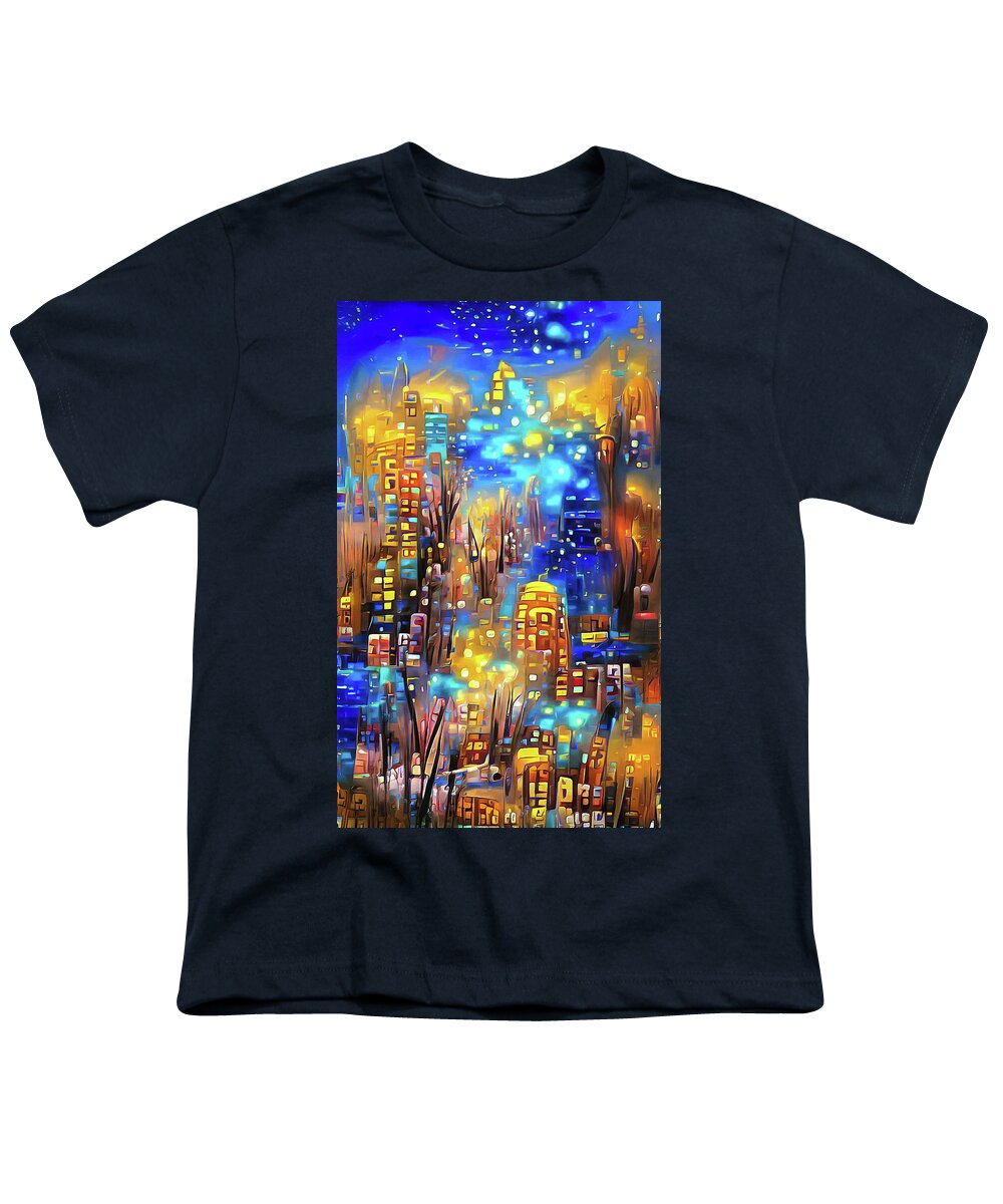 City Youth T-Shirt featuring the digital art City Lights 09 Golden Glitter and Blue Night by Matthias Hauser
