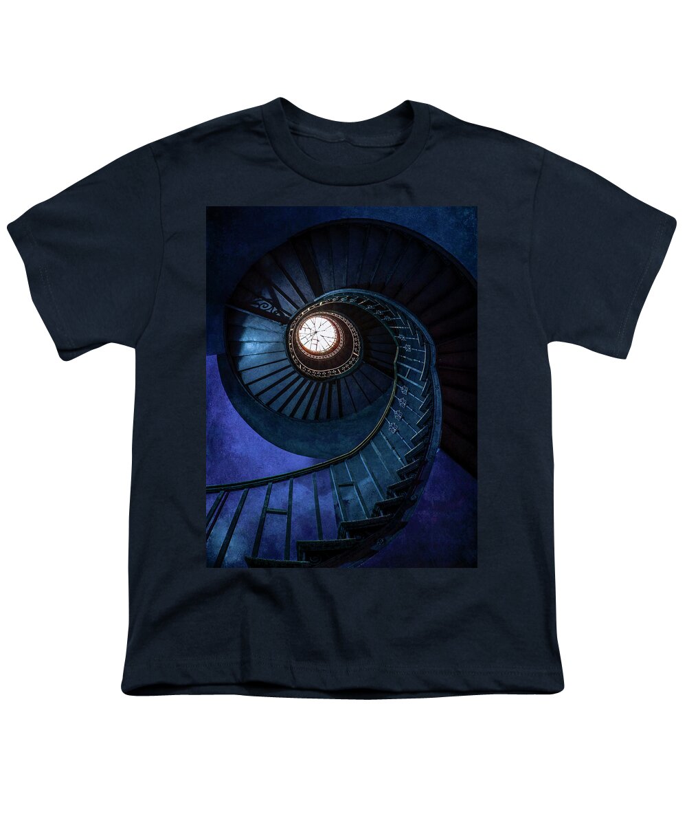 Staircase Youth T-Shirt featuring the photograph Dark blue spiral staircase by Jaroslaw Blaminsky