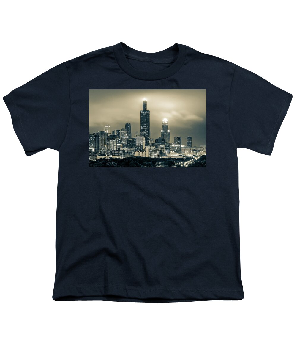 Chicago Prints Youth T-Shirt featuring the photograph Downtown Chicago Skyline Under Clouds in Sepia by Gregory Ballos