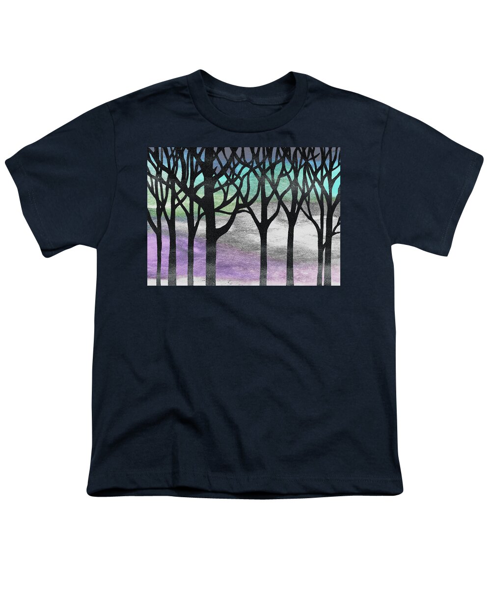 Abstract Forest Youth T-Shirt featuring the painting Enchanted Forest Watercolor Silhouette Trees Branches Turquoise Purple Wind by Irina Sztukowski
