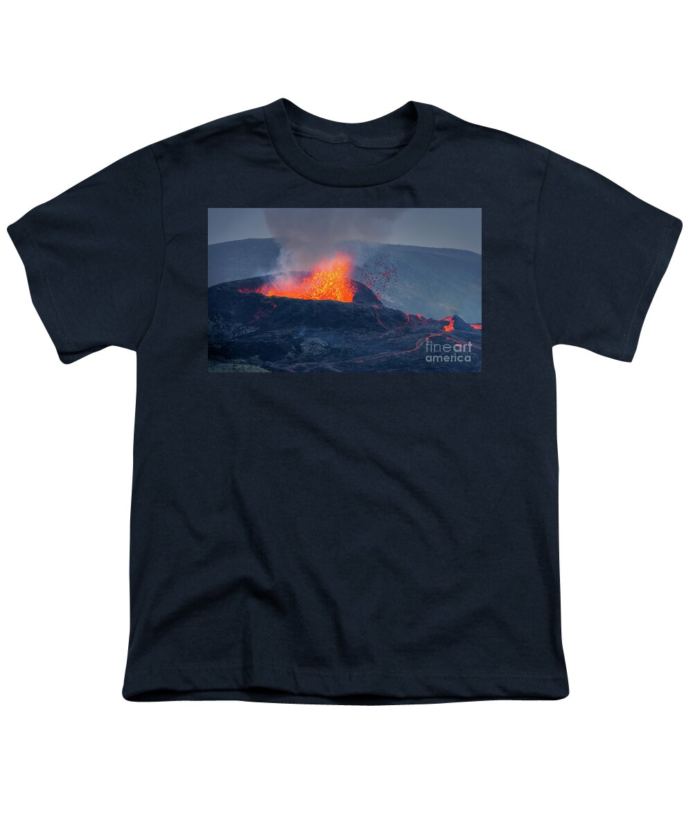 Volcano Youth T-Shirt featuring the photograph Expoding lava, Fagradalsfjall volcano eruption, Iceland by Delphimages Photo Creations