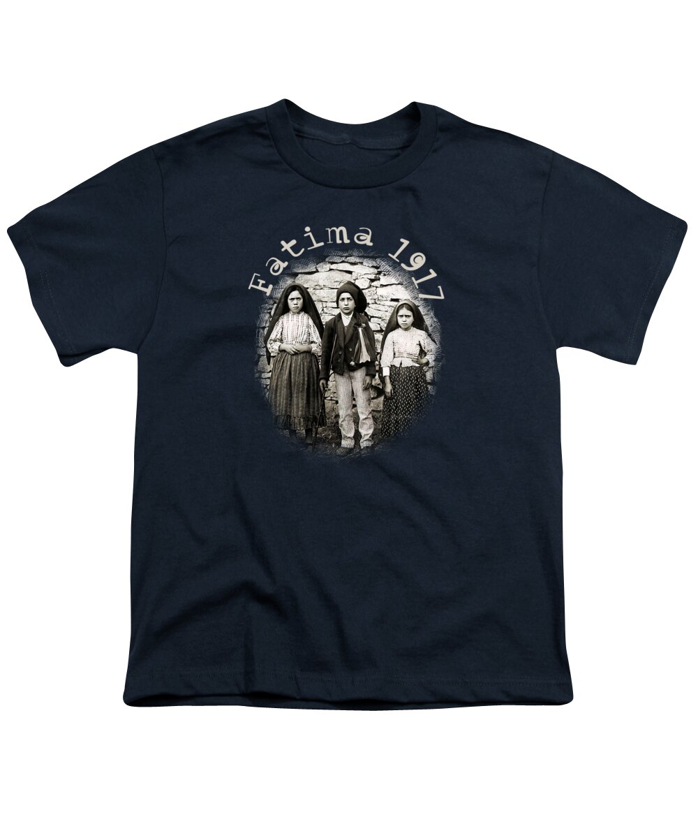 Fatima Youth T-Shirt featuring the mixed media Fatima Children Lucia dos Santos Francisco and Jacinta Marto Virgin Mary Apparition by Fatima Photograph