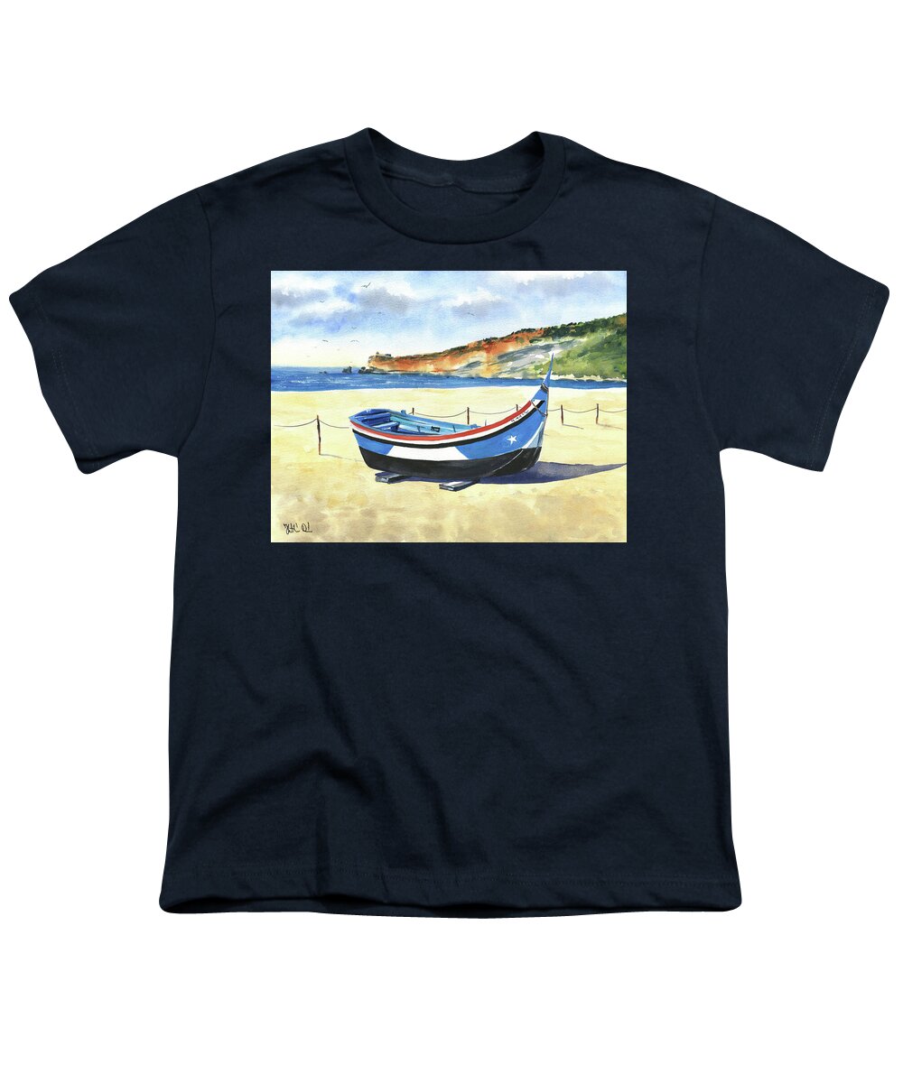 Portugal Youth T-Shirt featuring the painting Fishing Boat in Nazare Portugal Painting by Dora Hathazi Mendes