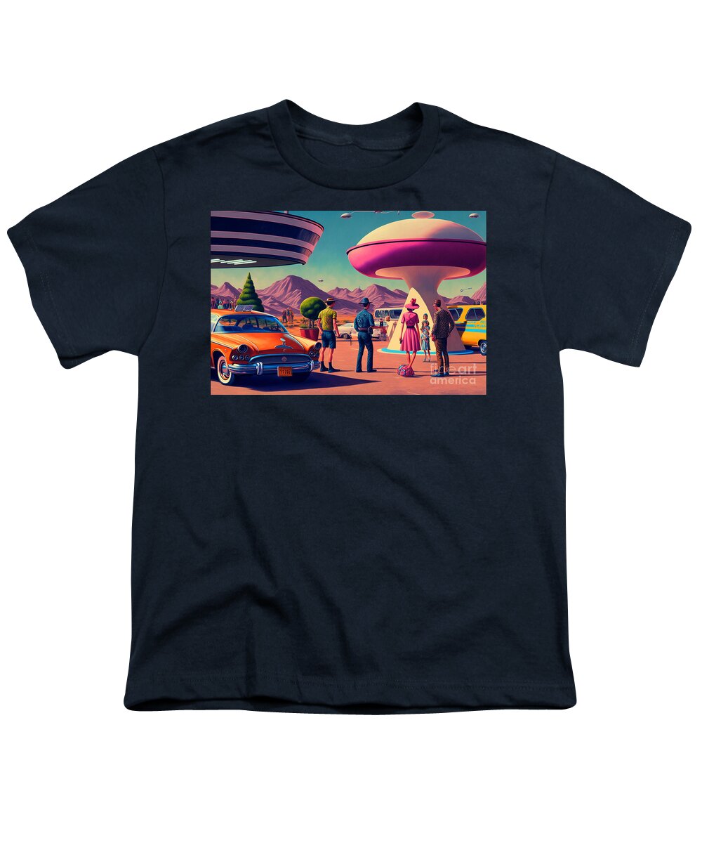 Flying Youth T-Shirt featuring the mixed media Flying Saucer Frenzy IX by Jay Schankman