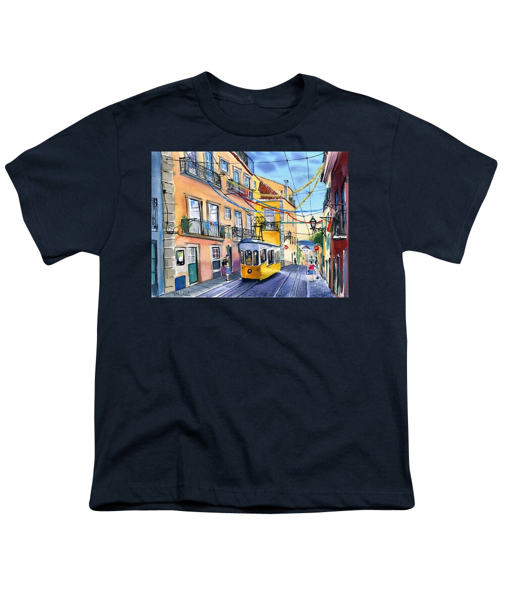 Portugal Youth T-Shirt featuring the painting Funicular Bica in Lisbon by Dora Hathazi Mendes