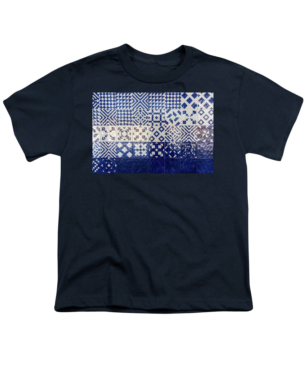 Glossy Azulejo Youth T-Shirt featuring the photograph Glossy Modern Azulejos - Gleaming Geometric Patterns in Blue and White by Georgia Mizuleva