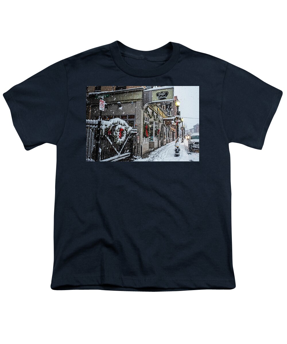 Boston Youth T-Shirt featuring the photograph Hanover Street Christmas Snowstorm North End Boston MA by Toby McGuire