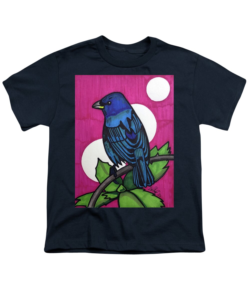 Indigo Bunting Youth T-Shirt featuring the drawing Indigo Bunting - Dark by Creative Spirit