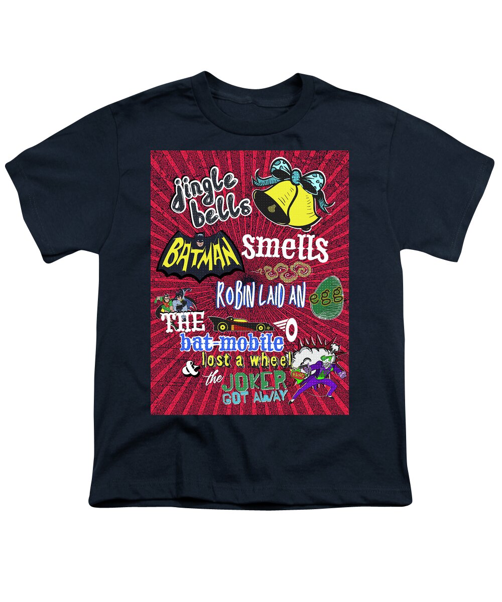 Batman Youth T-Shirt featuring the digital art Jingle Bells Batman Smells by Christina Rick