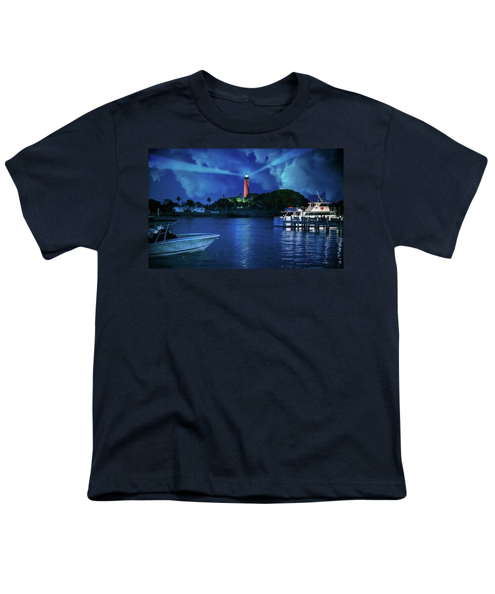 Jupiter Lighthouse Youth T-Shirt featuring the photograph Jupiter Lighthouse at Night by Laura Fasulo