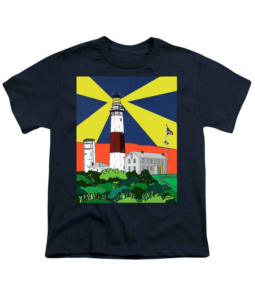 Montauk Point Lighthouse Longisland Eastend Youth T-Shirt featuring the painting Montauk Light House by Mike Stanko