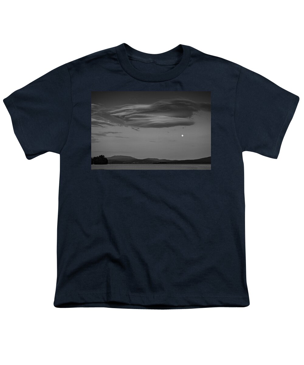 B&w Youth T-Shirt featuring the photograph MoonCloudsLake Black and White by Russel Considine