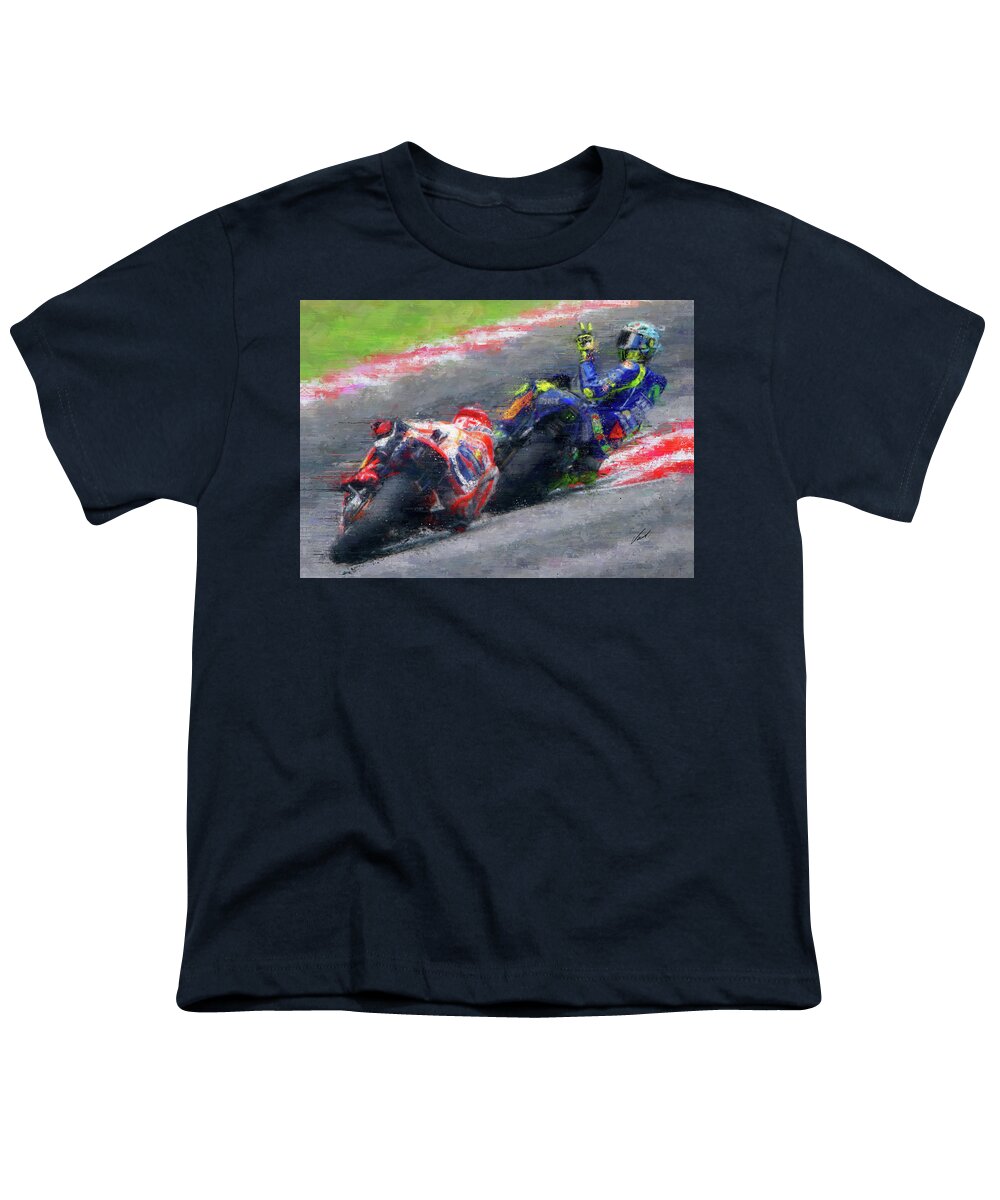 Motorcycle Youth T-Shirt featuring the painting MOTO GP Rossi vs Marquez by Vart by Vart