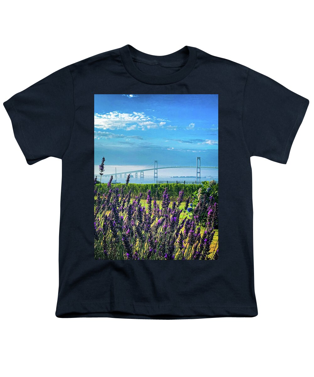 Jamestown Youth T-Shirt featuring the photograph Newport Bridge through lavender by Jim Feldman