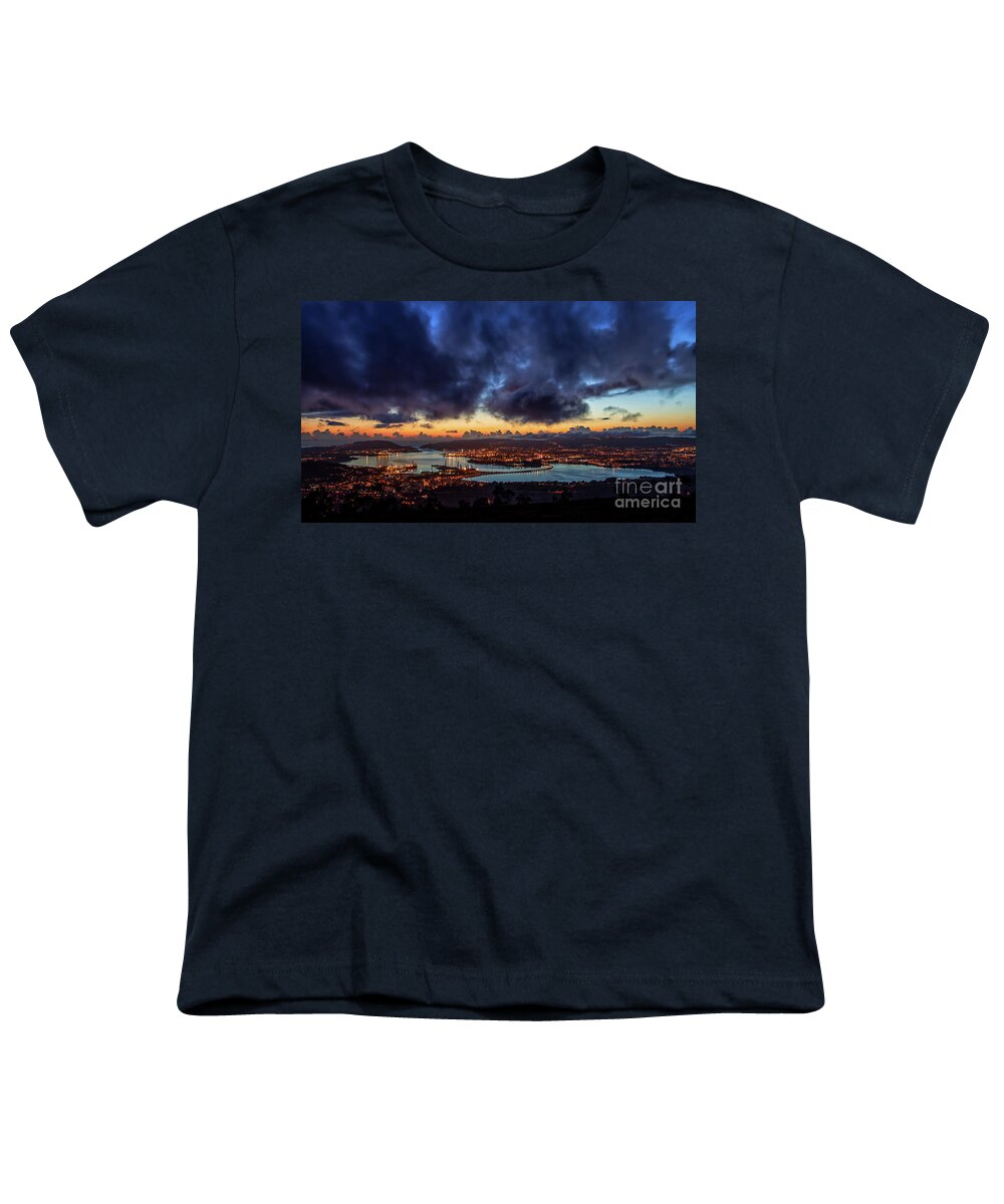Port Youth T-Shirt featuring the photograph Panoramic View of Ferrol Estuary with Bridge and Shipyards Stormy Sky at Dusk La Corua Galicia by Pablo Avanzini