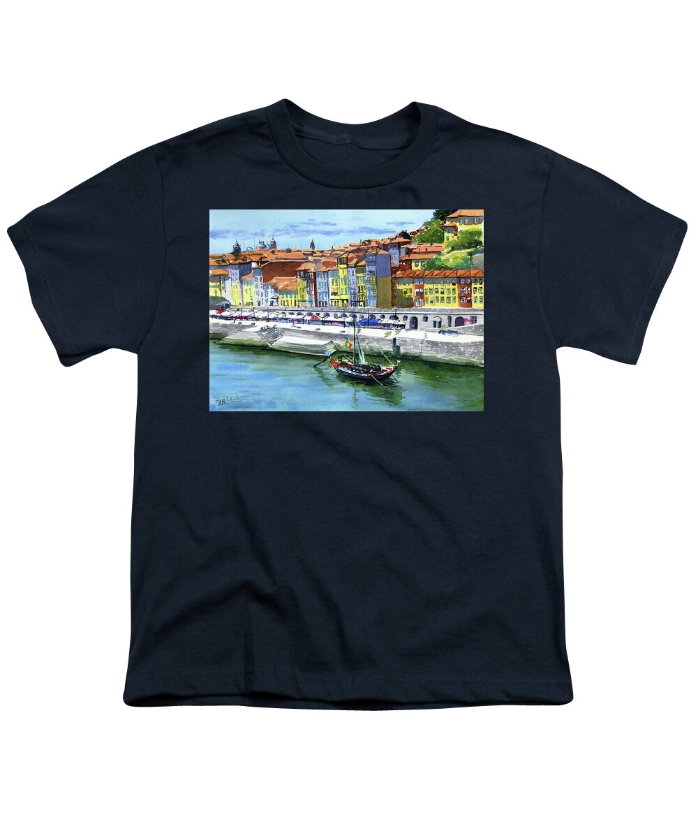 Portugal Youth T-Shirt featuring the painting Porto Ribeira Painting by Dora Hathazi Mendes